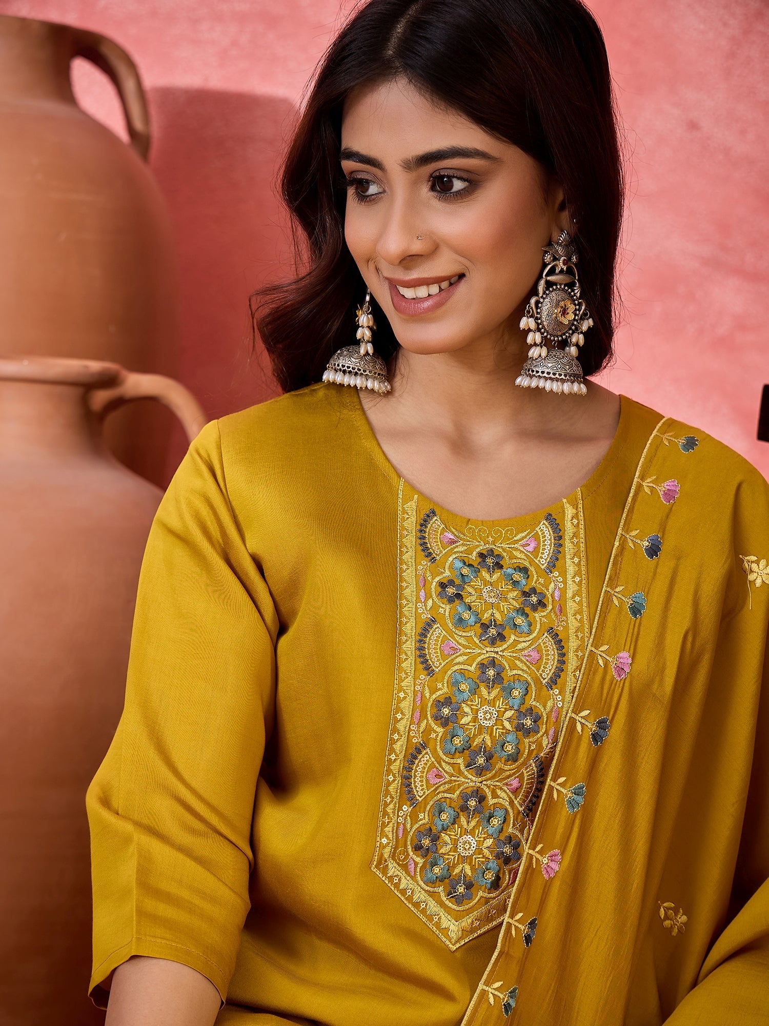 Joban Fashion Mustard Silk Embroidery Readymade Kurta Set