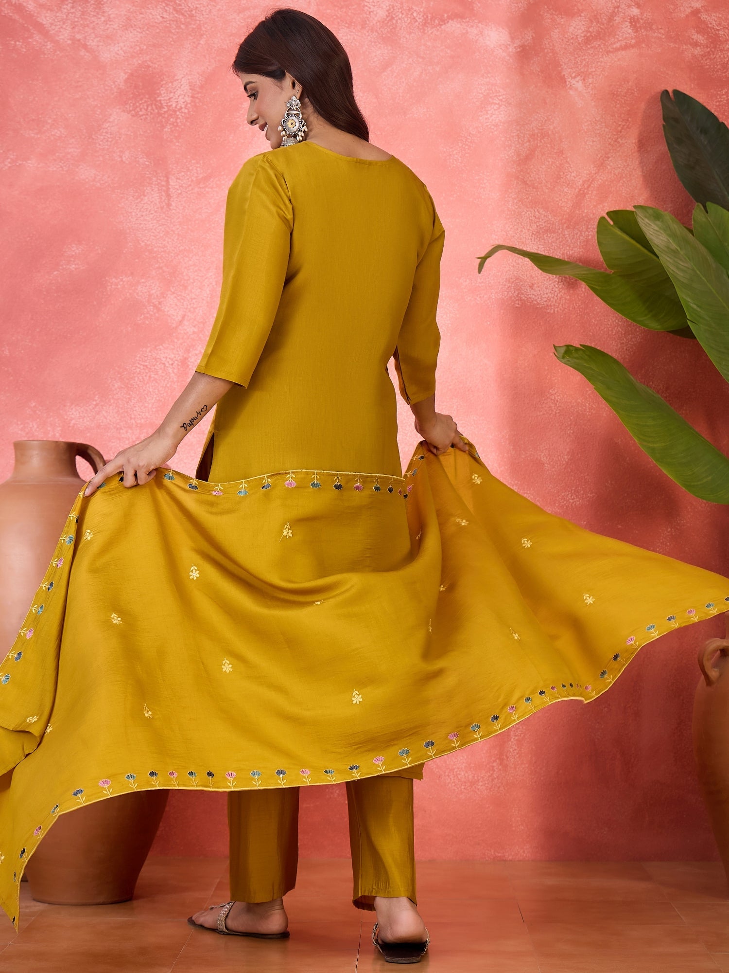 Joban Fashion Mustard Silk Embroidery Readymade Kurta Set