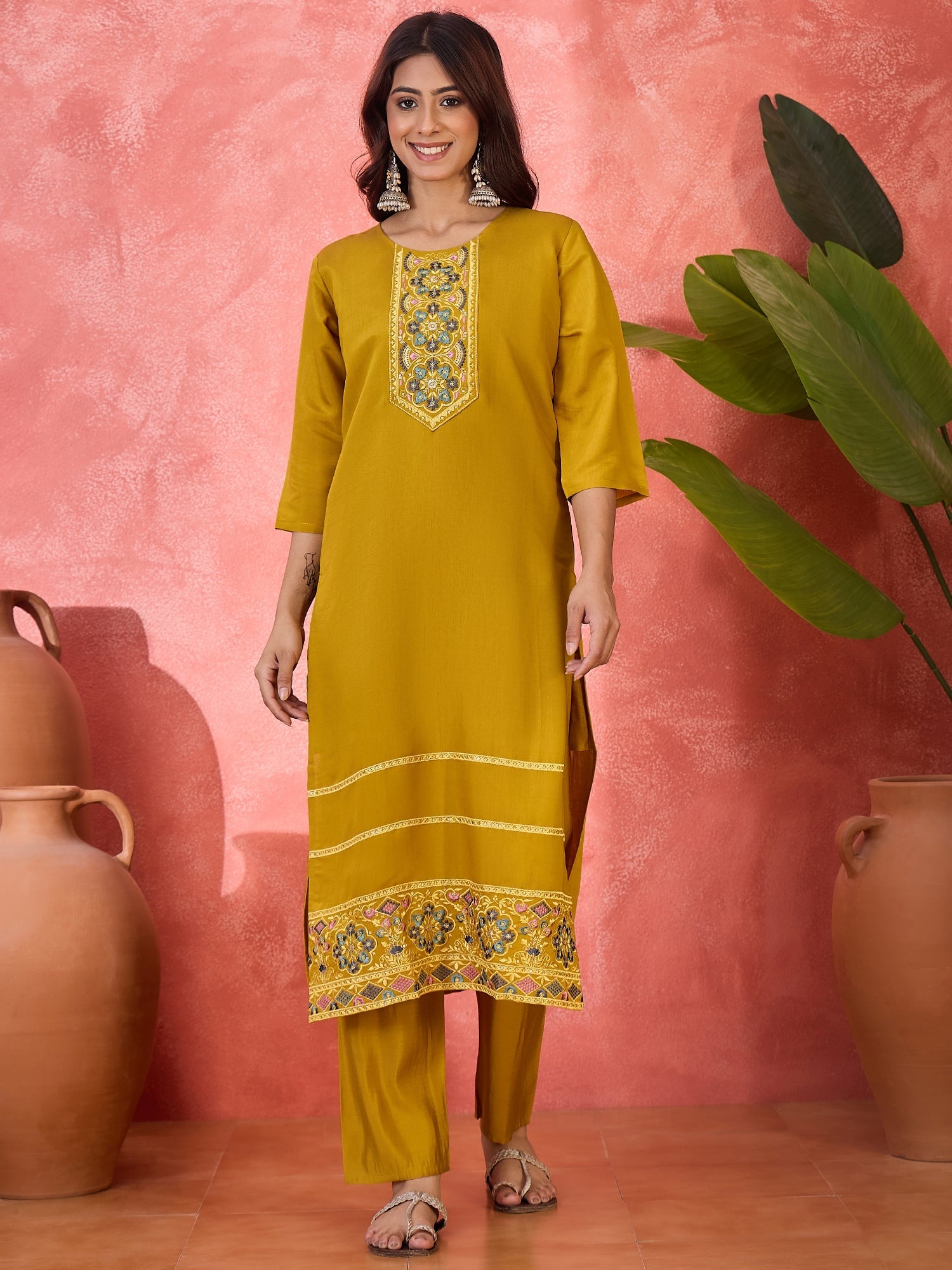 Joban Fashion Mustard Silk Embroidery Readymade Kurta Set