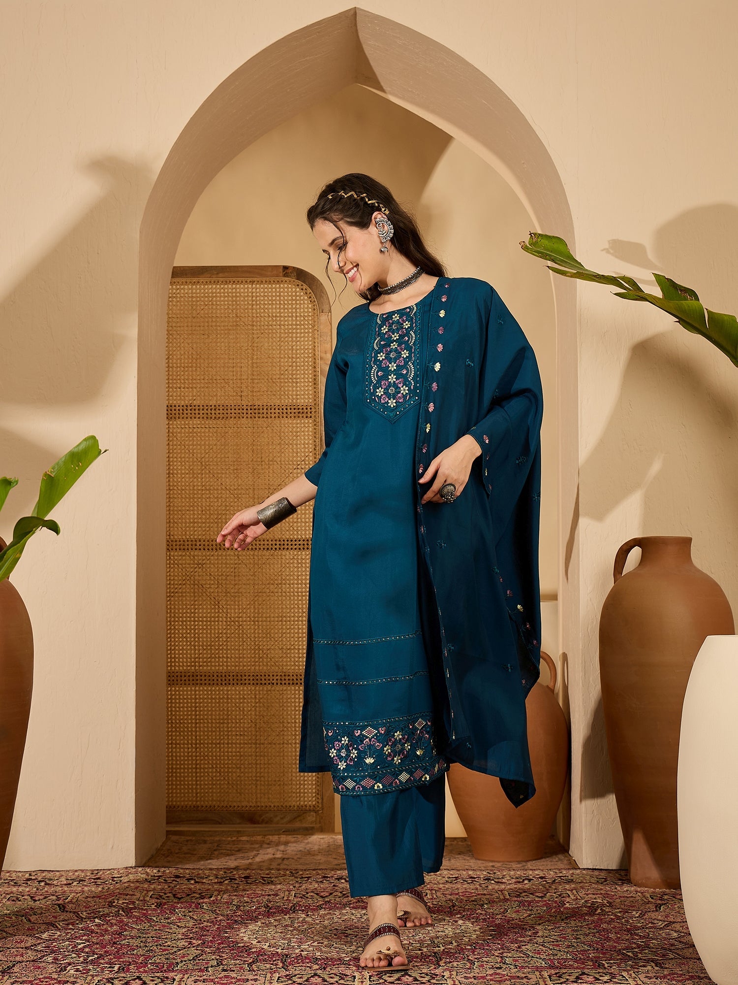 Joban Fashion Teal Silk Embroidery Readymade Kurta Set