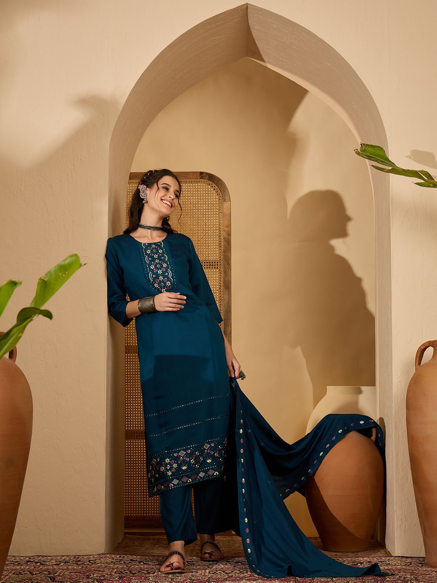 Joban Fashion Teal Silk Embroidery Readymade Kurta Set