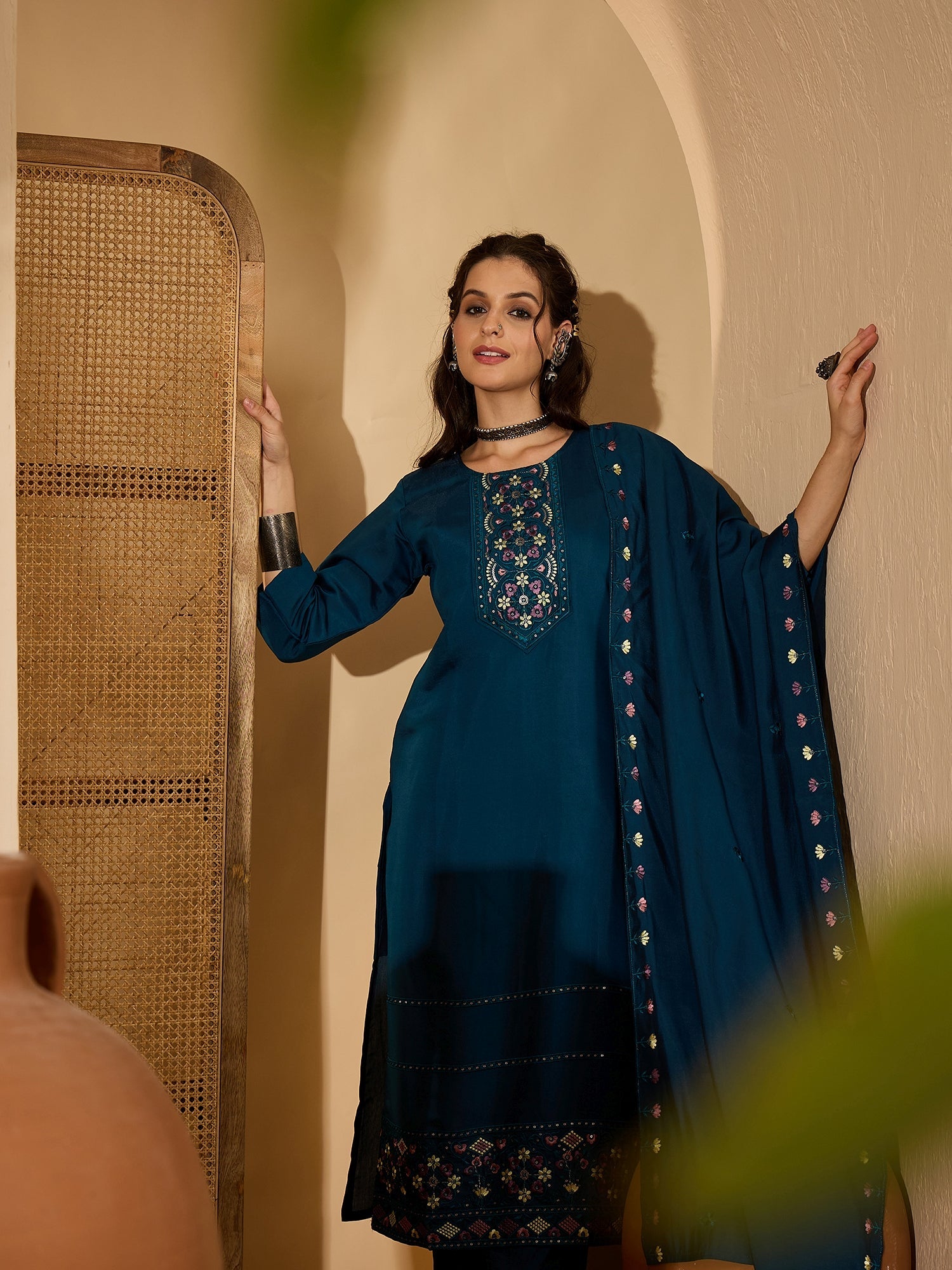 Joban Fashion Teal Silk Embroidery Readymade Kurta Set
