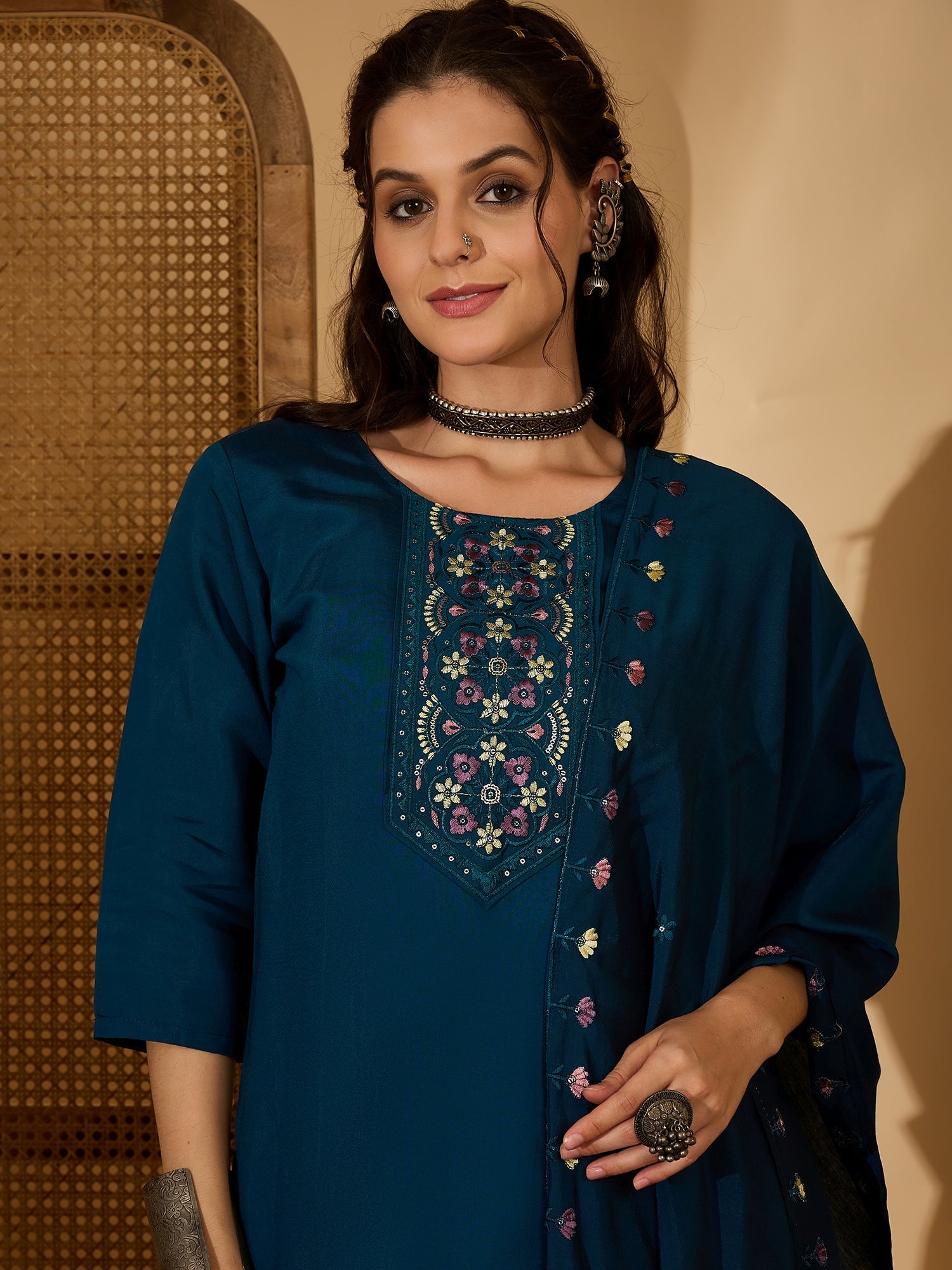 Joban Fashion Teal Silk Embroidery Readymade Kurta Set