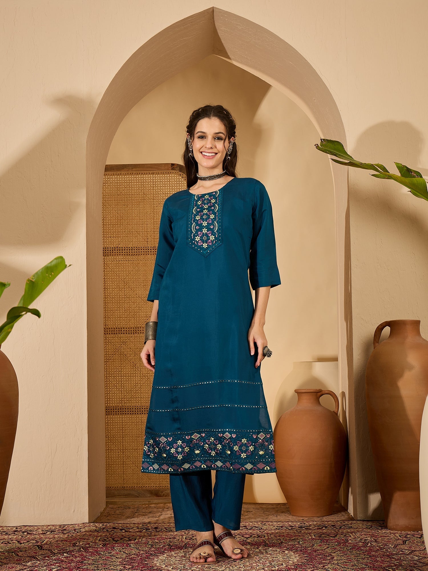 Joban Fashion Teal Silk Embroidery Readymade Kurta Set