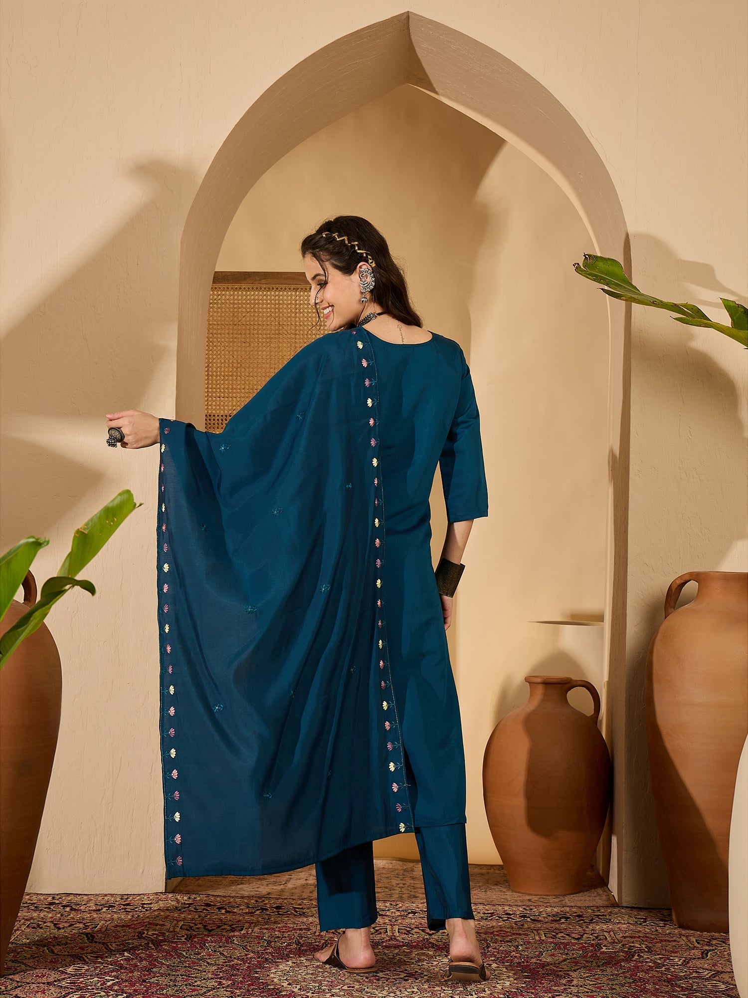 Joban Fashion Teal Silk Embroidery Readymade Kurta Set