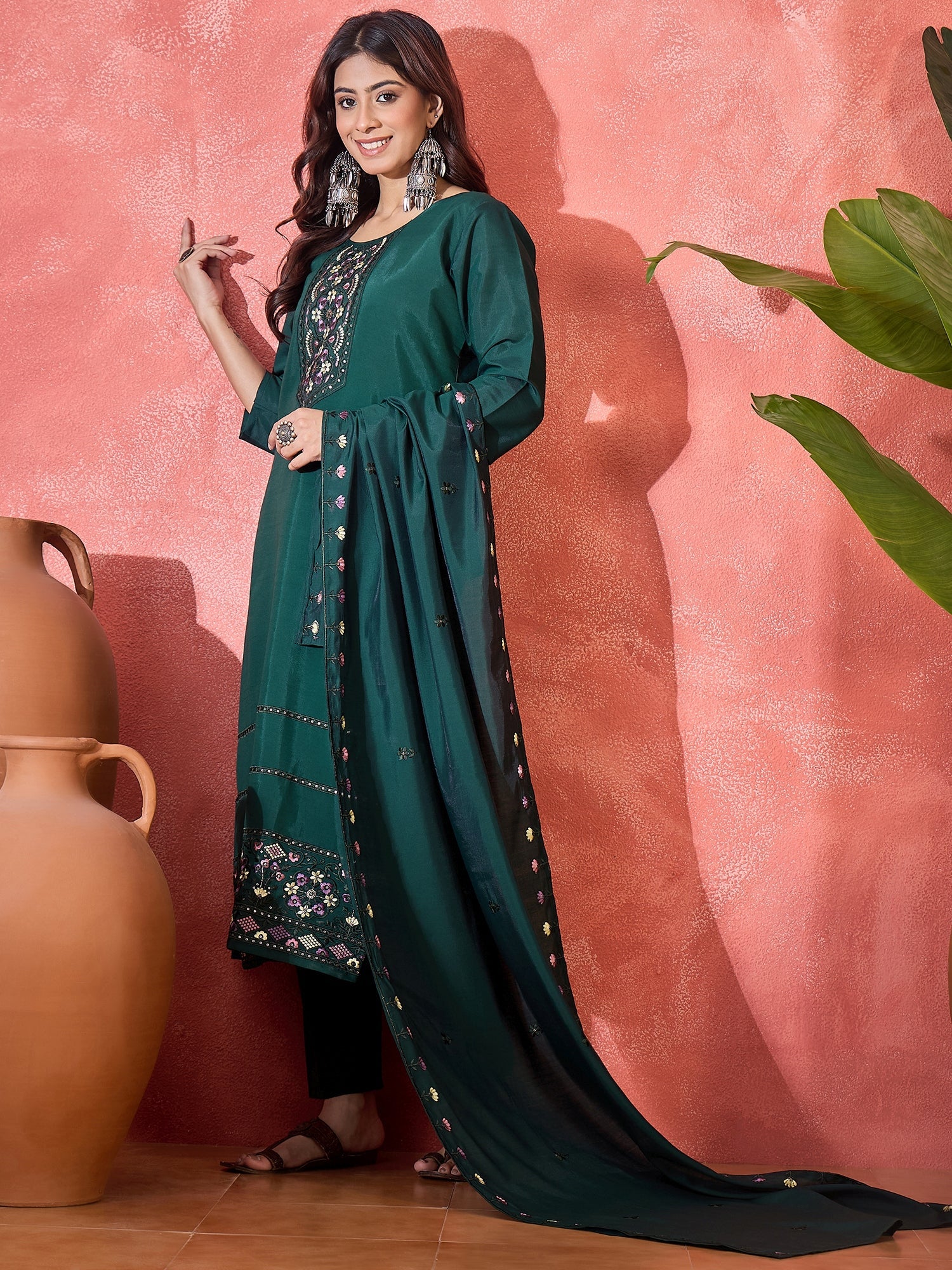 Joban Fashion Green Silk Embroidery Readymade Kurta Set