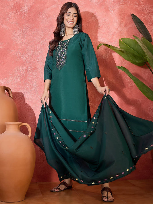 Joban Fashion Green Silk Embroidery Readymade Kurta Set