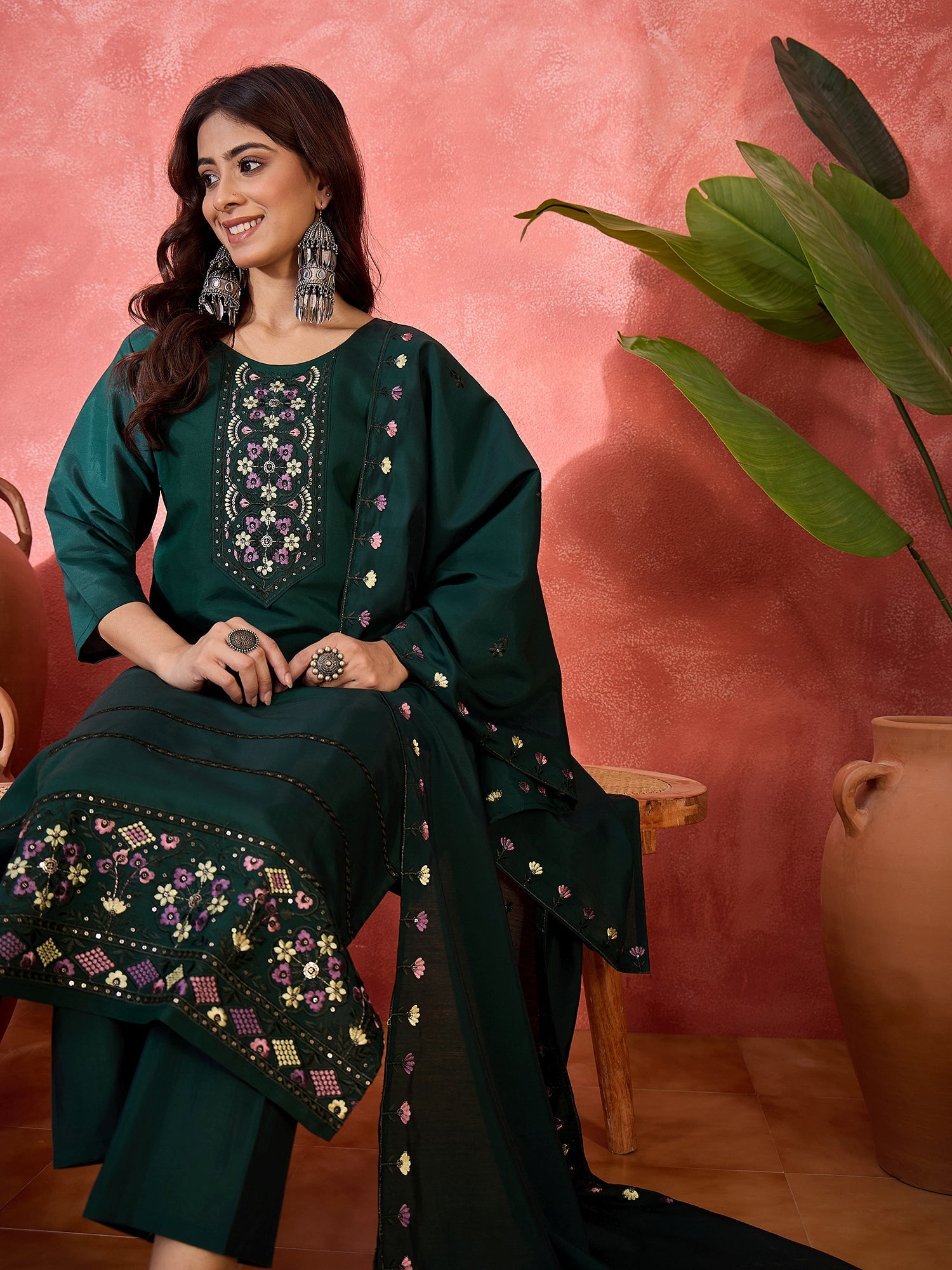 Joban Fashion Green Silk Embroidery Readymade Kurta Set