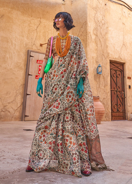 Monjolika Fashion Stunning Light Grey Colour Printed Tissue Designer Saree