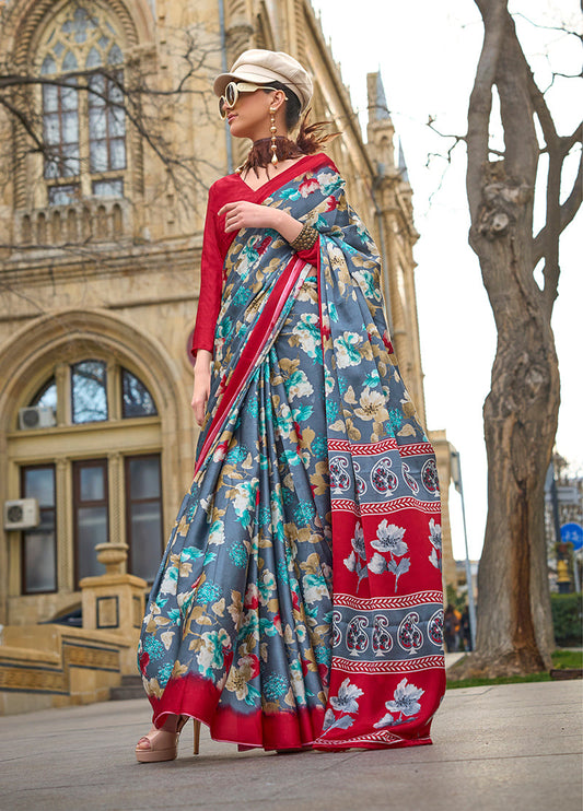 Monjolika Fashion Grey Colour Satin Silk Printed Lightwear Saree For Women
