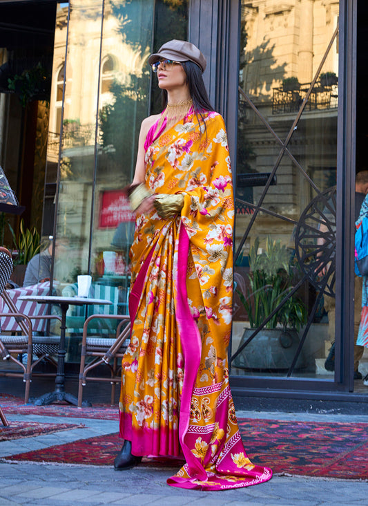 Monjolika Fashion Mustard Colour Satin Silk Printed Lightwear Saree For Women