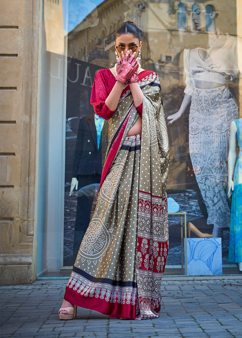 Monjolika Fashion Light Brown Colour Satin Silk Printed Lightwear Saree For Women