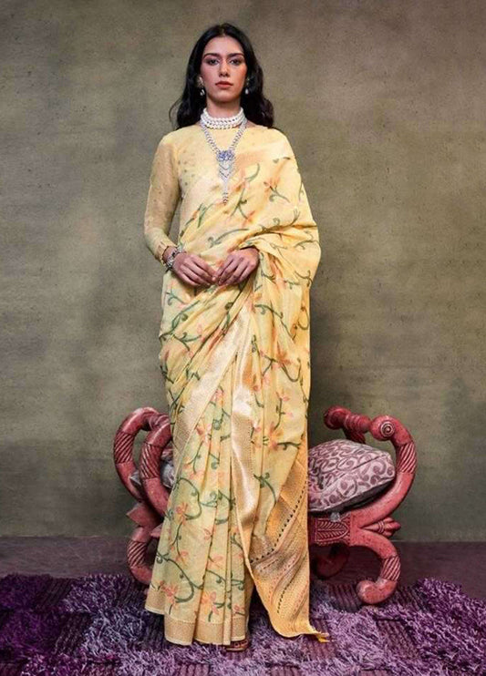 Monjolika Fashion Light Yellow Colour Mulmul Cotton Printed Lightwear Saree