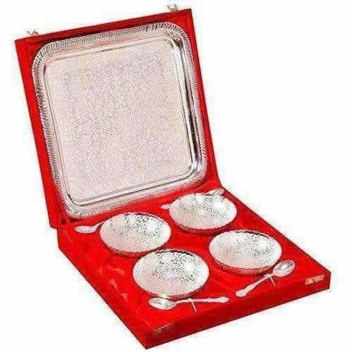 Silver Plated Brass Bowl Set with Tray - Pack of 9 - Grab2buy