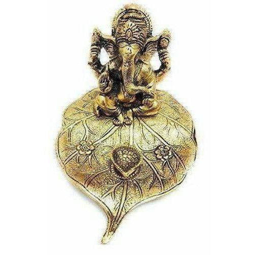 Handicraft Ganesha Sitting on Leaf with Diya Gold Plated for Home Decor - Grab2buy