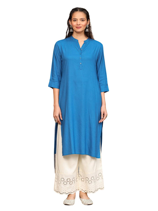 Juniper Women's Effortlessly Chic Bright Blue Rayon Solid Roll-Up Sleeves Basic Kurta