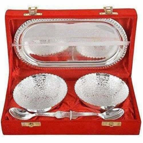 Handmade Silver Plated Brass Bowl with Tray - Set of 5 Pieces - Grab2buy