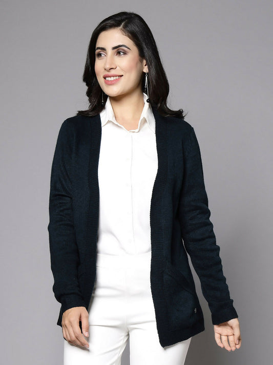 Women Teal Acrylic Solid Cardigan - Wool Trees