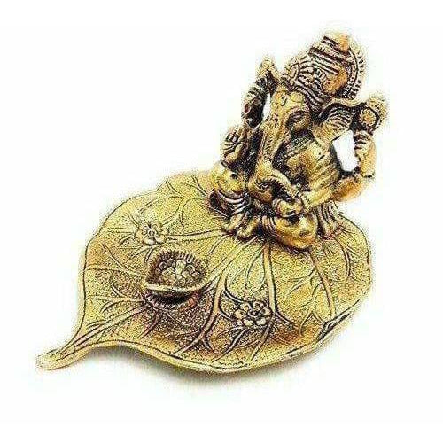 Handicraft Ganesha Sitting on Leaf with Diya Gold Plated for Home Decor - Grab2buy