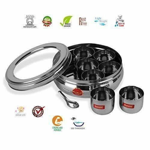 Stainless Steel Belly Shape Spice Box with See Through Lid with 7 Containers and Small Spoon - Grab2buy