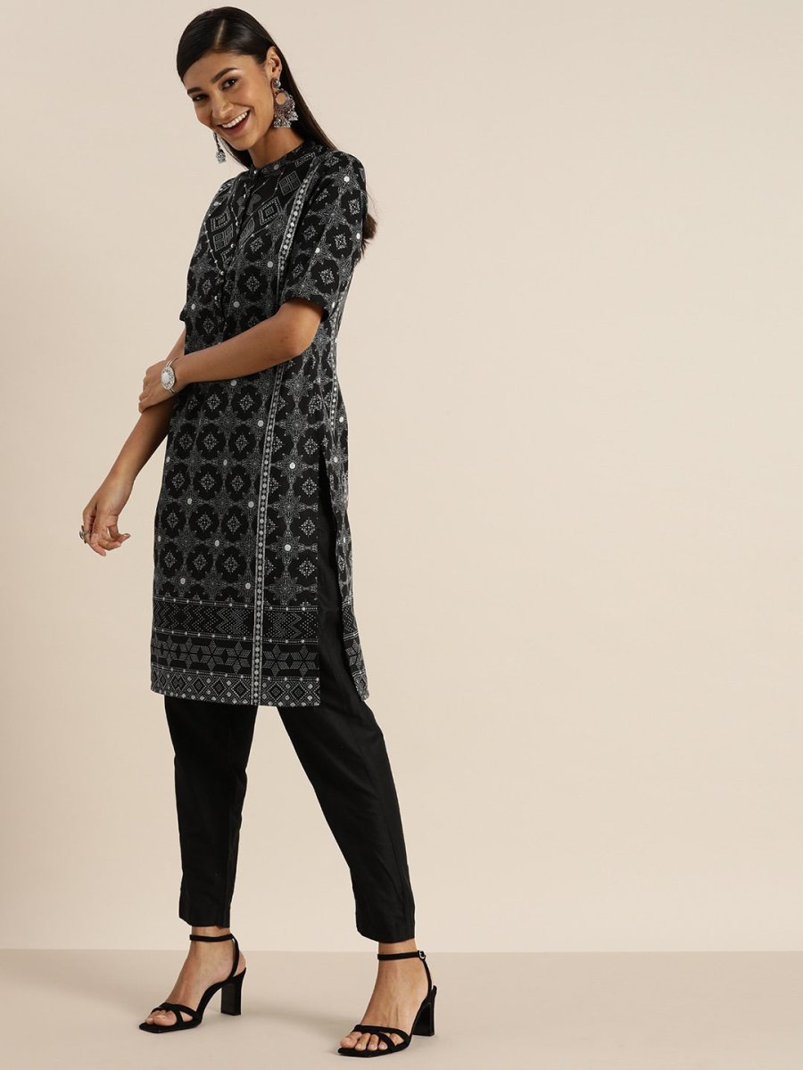 All About You Women Black & Grey Printed Kurta with Trousers
