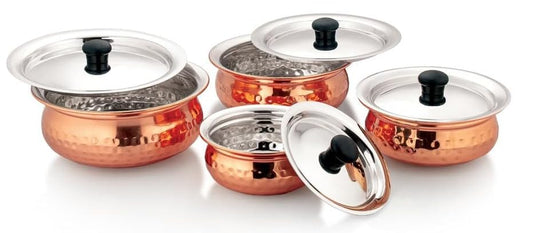 Dynore Stainless Steel Copper Plated Hammered Finish Handi Set with SS lid- Set of 4