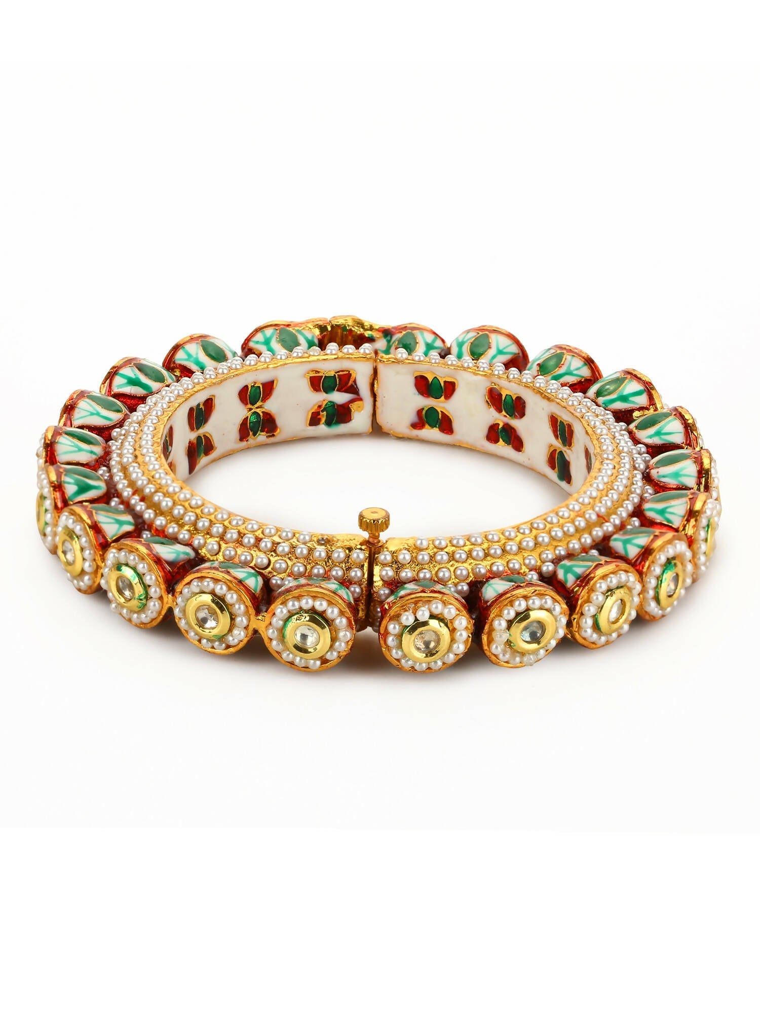 Gold-Polished Green Kundan-Studded Bangle - Ruby Raang 