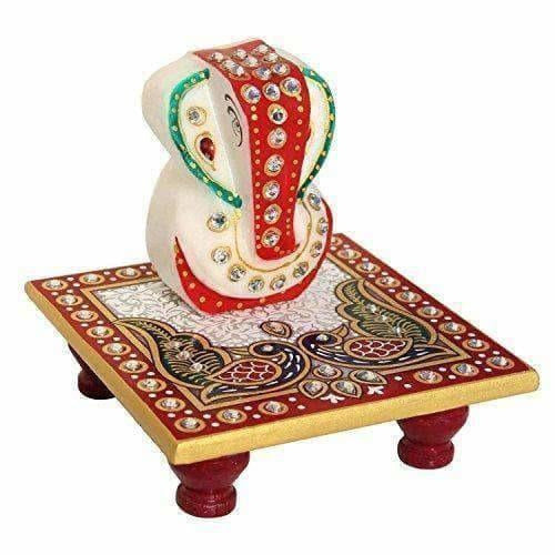 Marble Enamel Painted Ganesha Placed on Chowki (10.2 cm x 10.2 cm x 10.2 cm) - Grab2buy