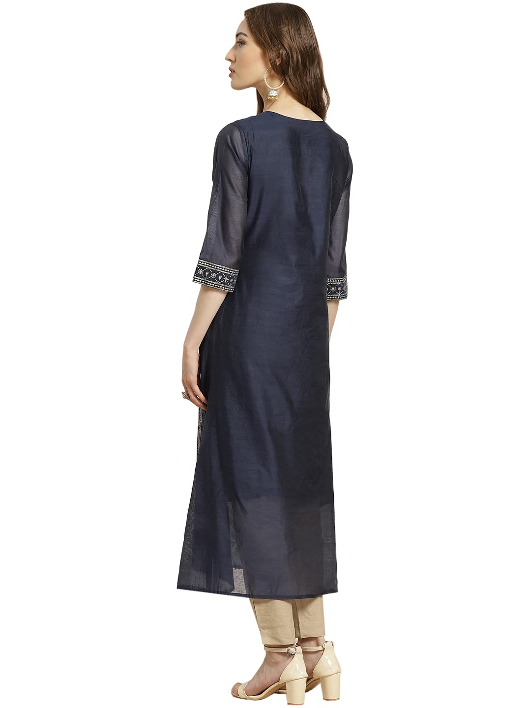 Juniper Women's Indigo Floral Printed Chanderi A-Line Kurta