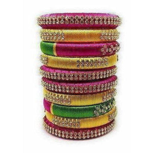 Handmade Silk Thread Colour Combination with Bangle Pink, Yellow & Green 