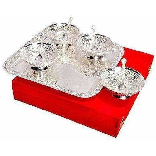 Silver Plated Brass Bowl Set with Tray - Pack of 9 - Grab2buy