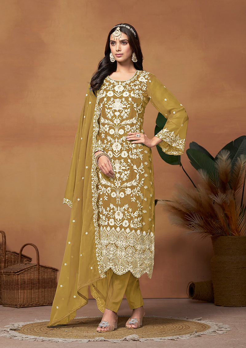 Monjolika Fashion Olive Colour Embroidered Soft Organza Straight Suit With Dupatta
