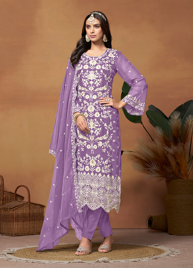 Monjolika Fashion Lavender Colour Embroidered Soft Organza Straight Suit With Dupatta