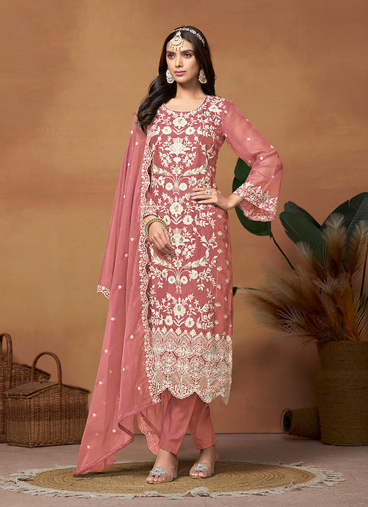 Monjolika Fashion Dark Mauve Colour Embroidered Soft Organza Straight Suit With Dupatta