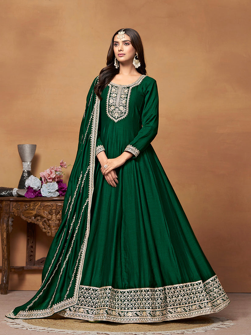 Monjolika Fashion Green Colour Art Silk Designer Anarkali Dress | Grab2Buy