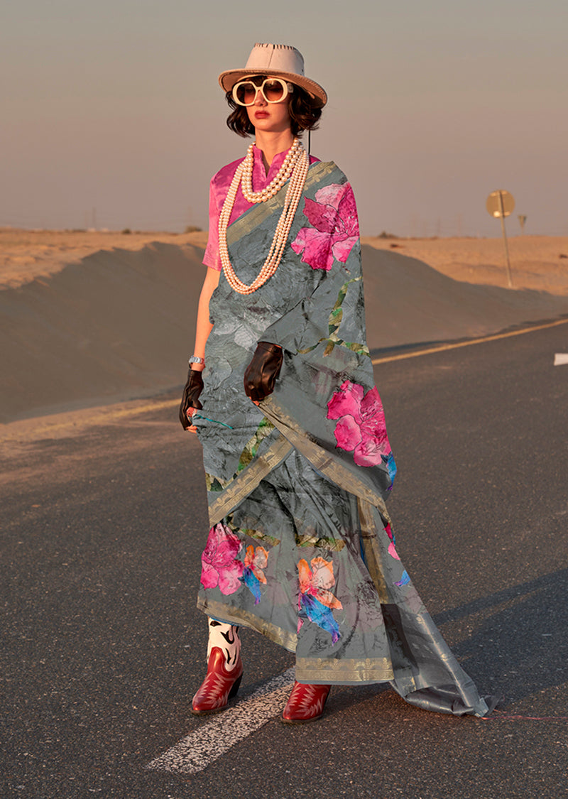 Monjolika Fashion Grey Color Printed Tussar Silk Designer Saree Online