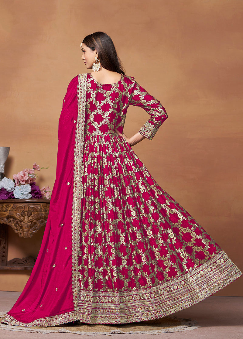 Monjolika Fashion Crimson Color Embroidered Santoon Silk Salwar Suit