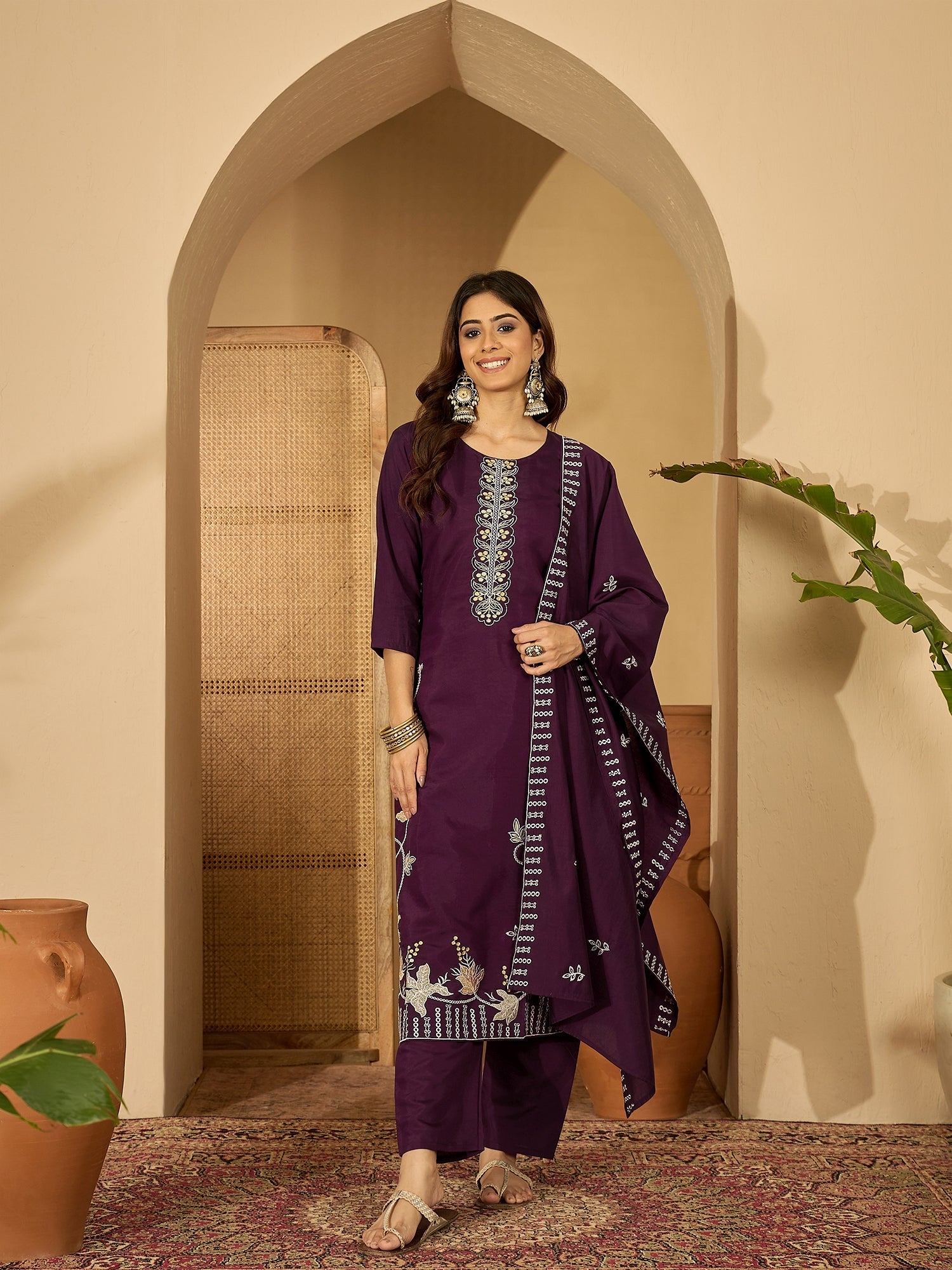 Joban Fashion Purple Silk Embroidery Readymade Kurta Set