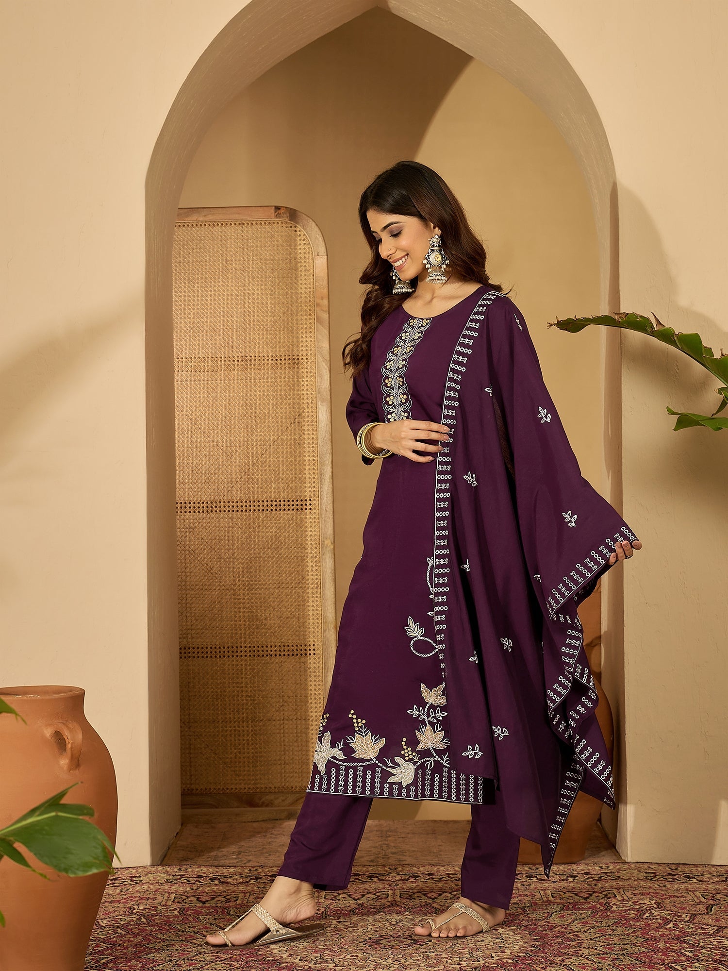 Joban Fashion Purple Silk Embroidery Readymade Kurta Set
