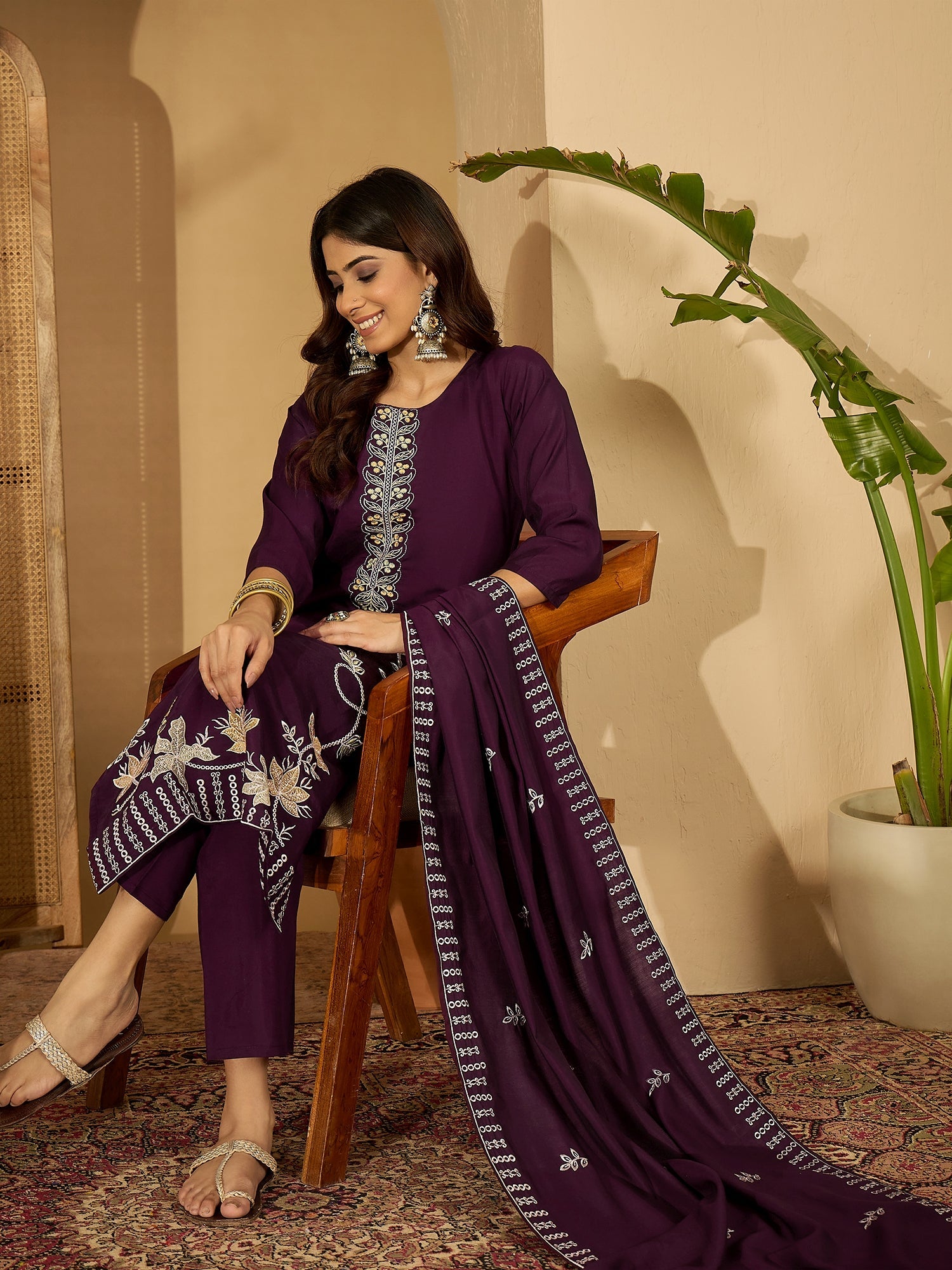 Joban Fashion Purple Silk Embroidery Readymade Kurta Set