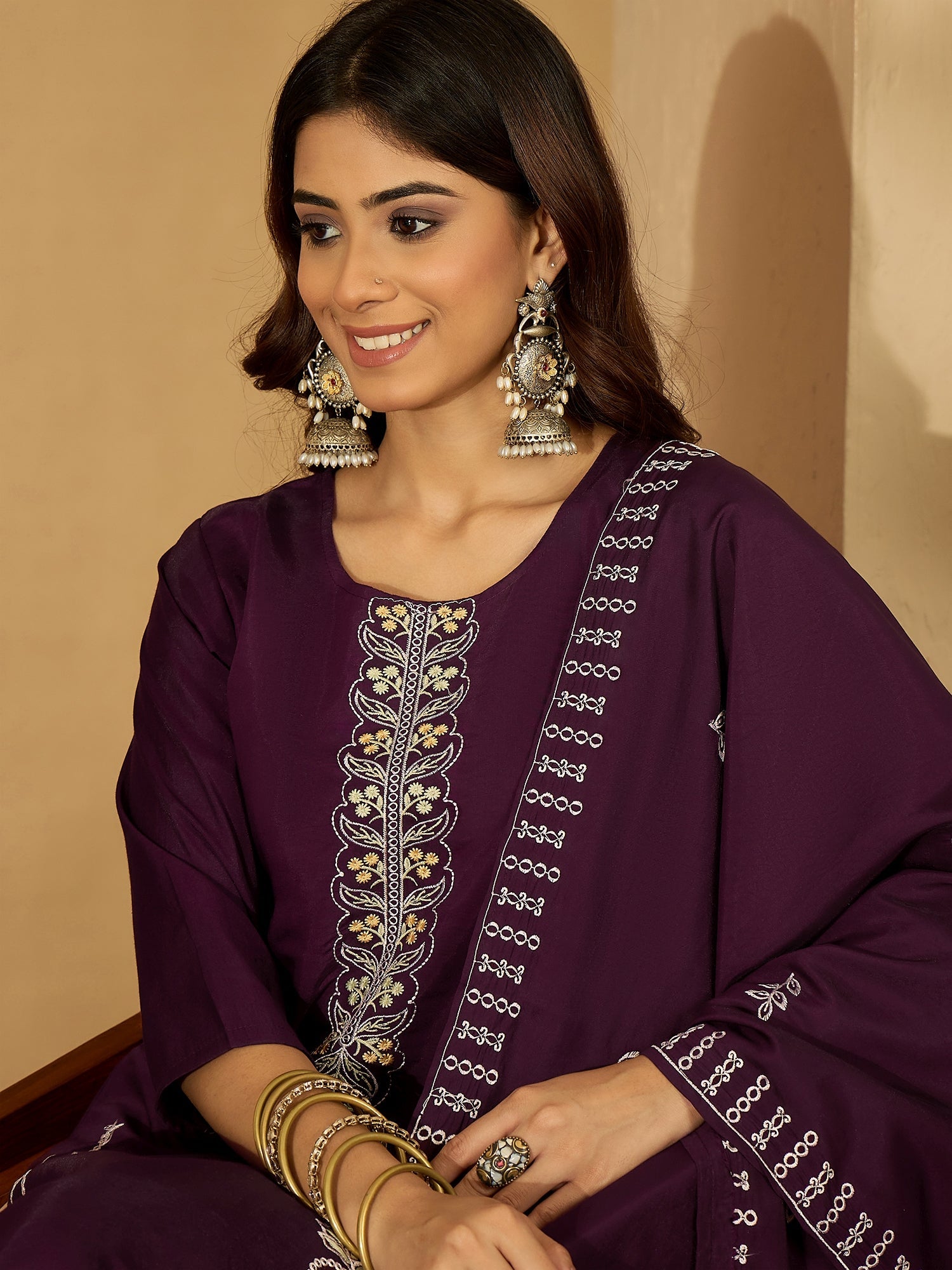 Joban Fashion Purple Silk Embroidery Readymade Kurta Set