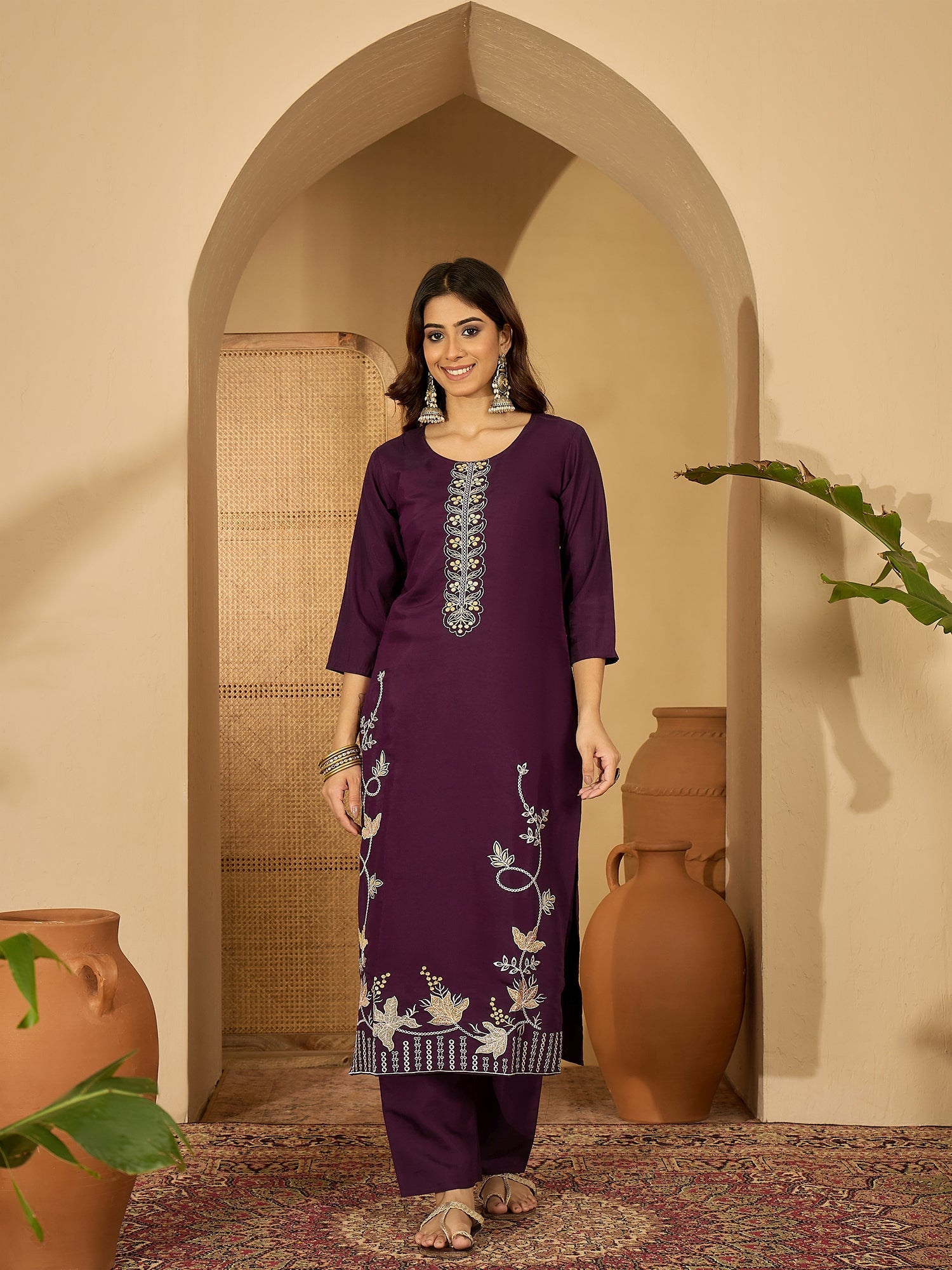 Joban Fashion Purple Silk Embroidery Readymade Kurta Set