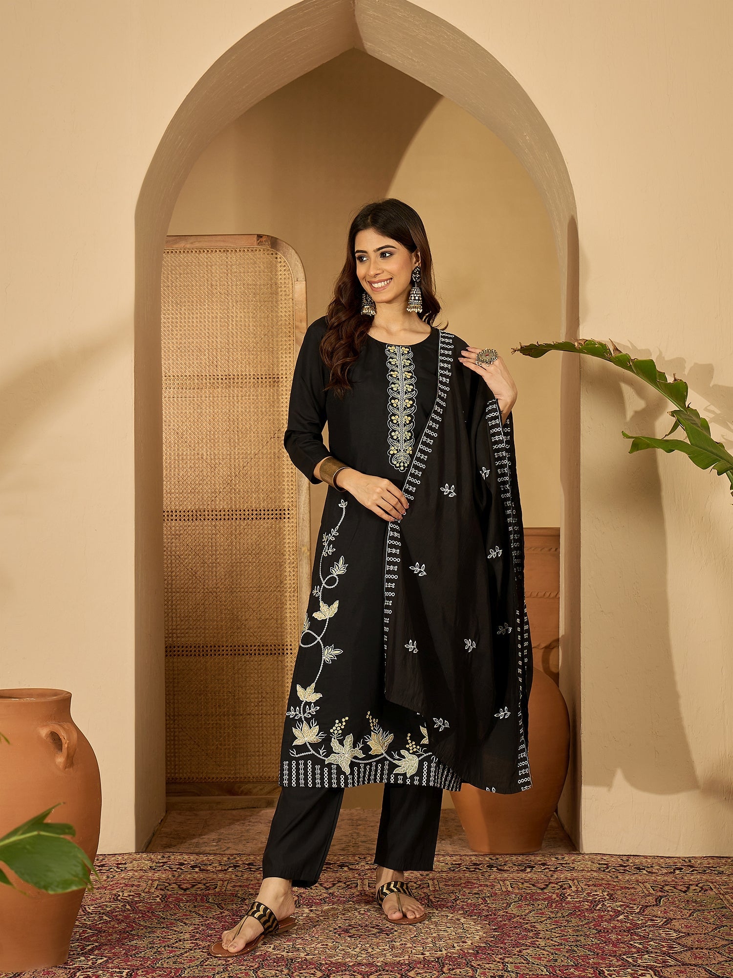 Joban Fashion Black Silk Embroidery Readymade Kurta Set