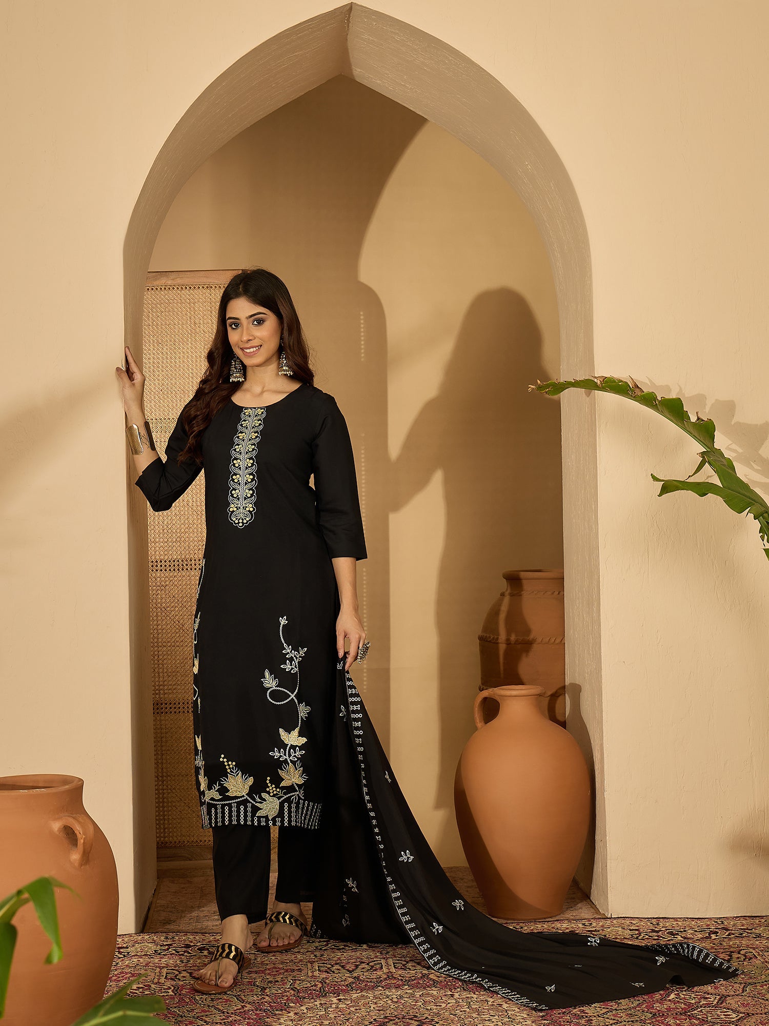 Joban Fashion Black Silk Embroidery Readymade Kurta Set