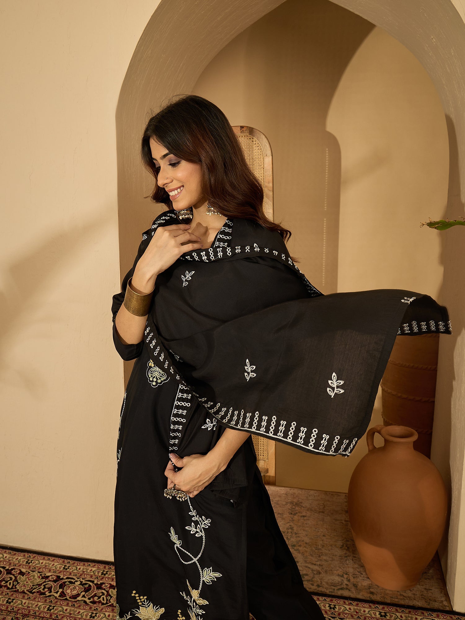 Joban Fashion Black Silk Embroidery Readymade Kurta Set