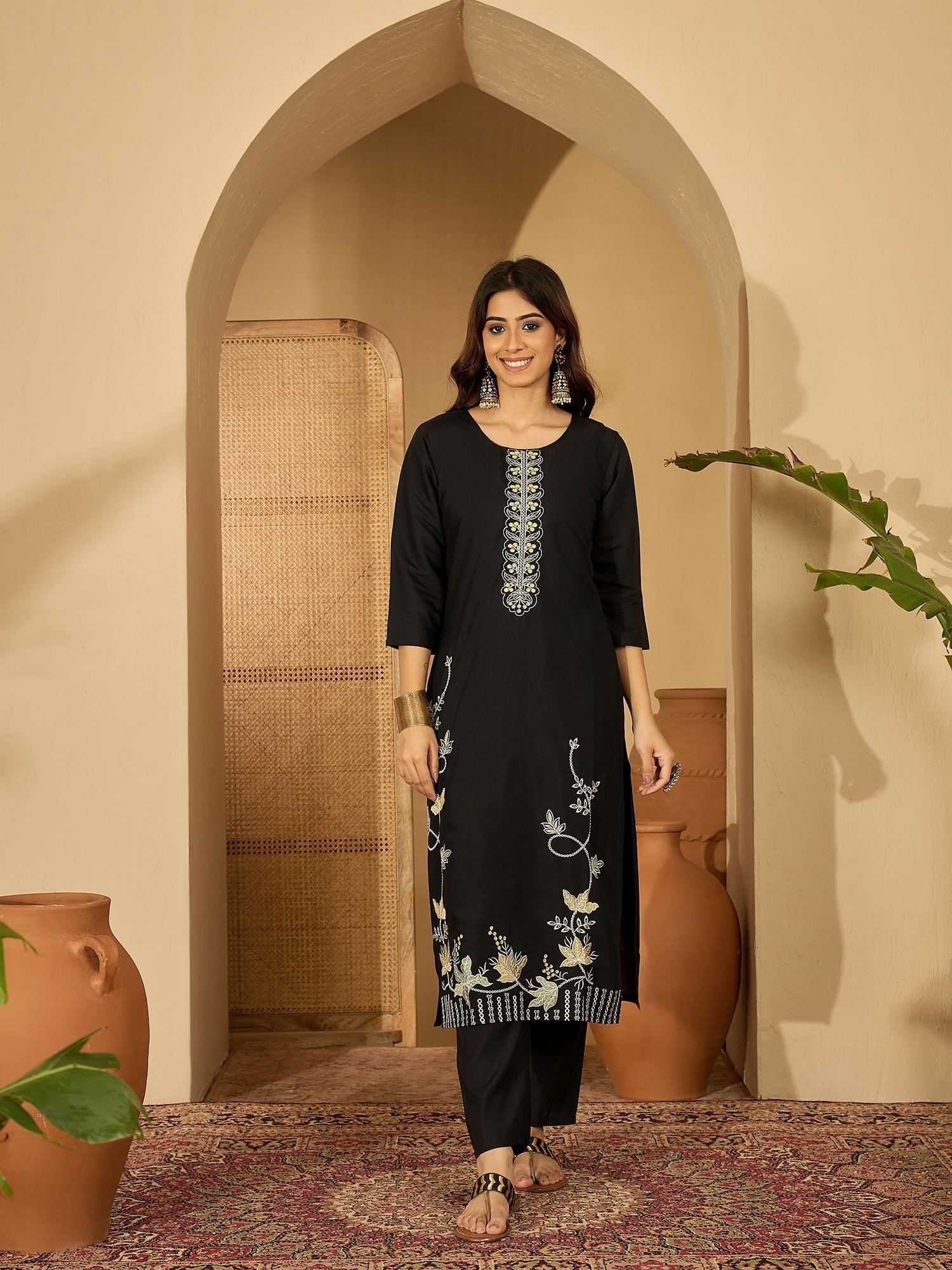 Joban Fashion Black Silk Embroidery Readymade Kurta Set