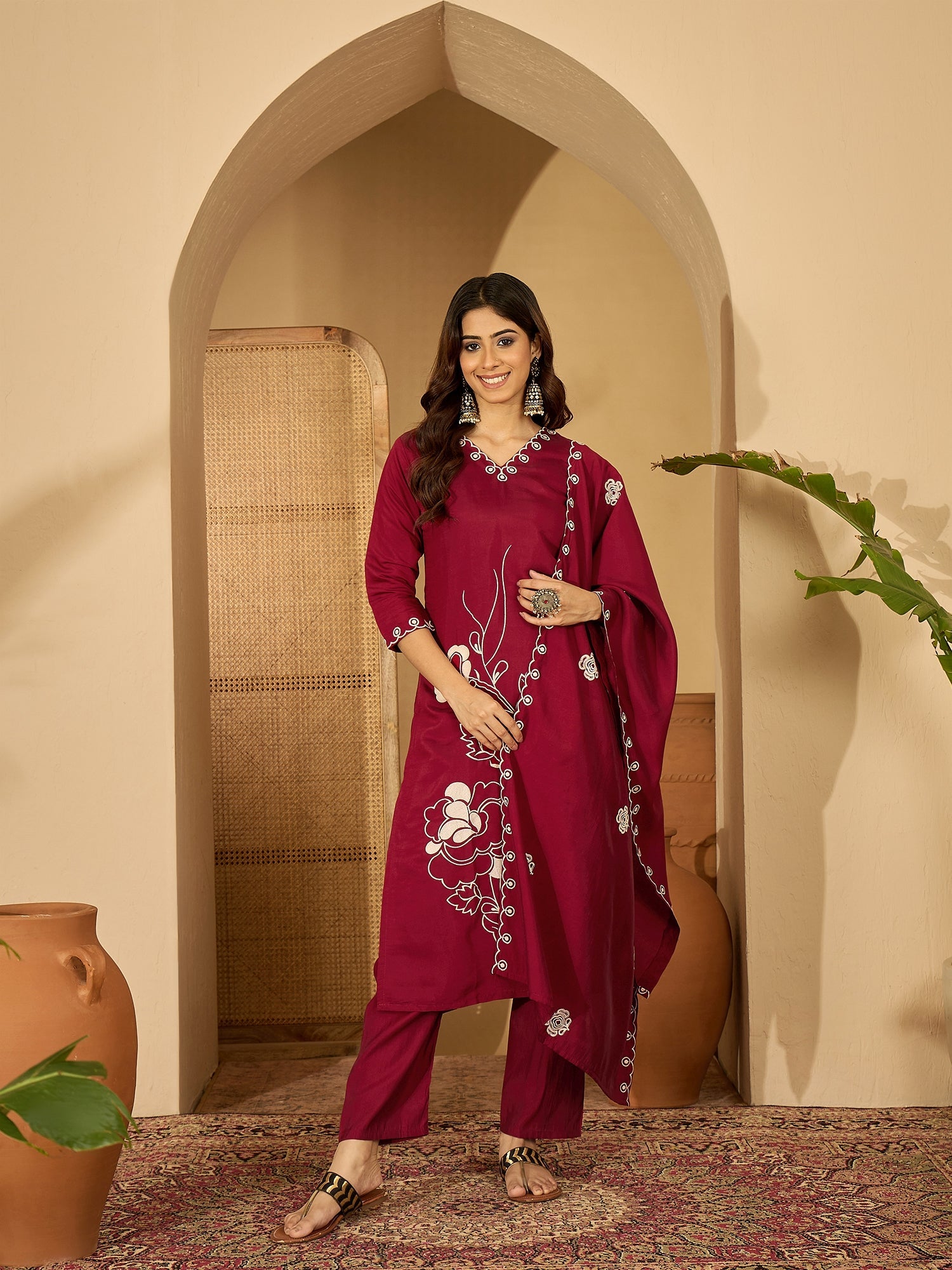 Joban Fashion Maroon Silk Embroidery Readymade Kurta Set