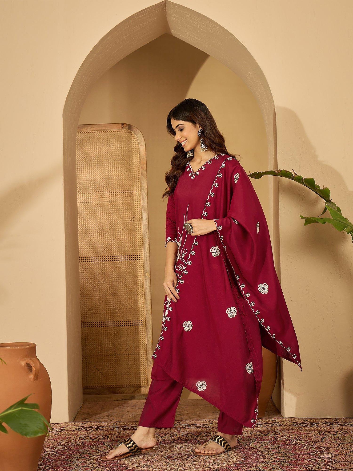 Joban Fashion Maroon Silk Embroidery Readymade Kurta Set