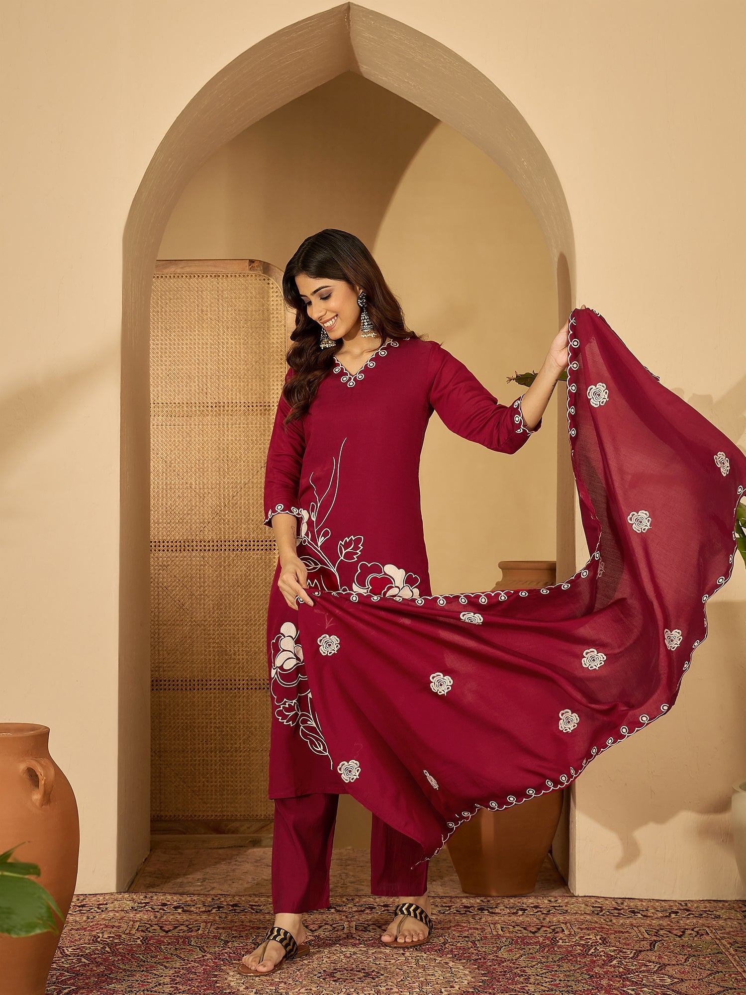 Joban Fashion Maroon Silk Embroidery Readymade Kurta Set