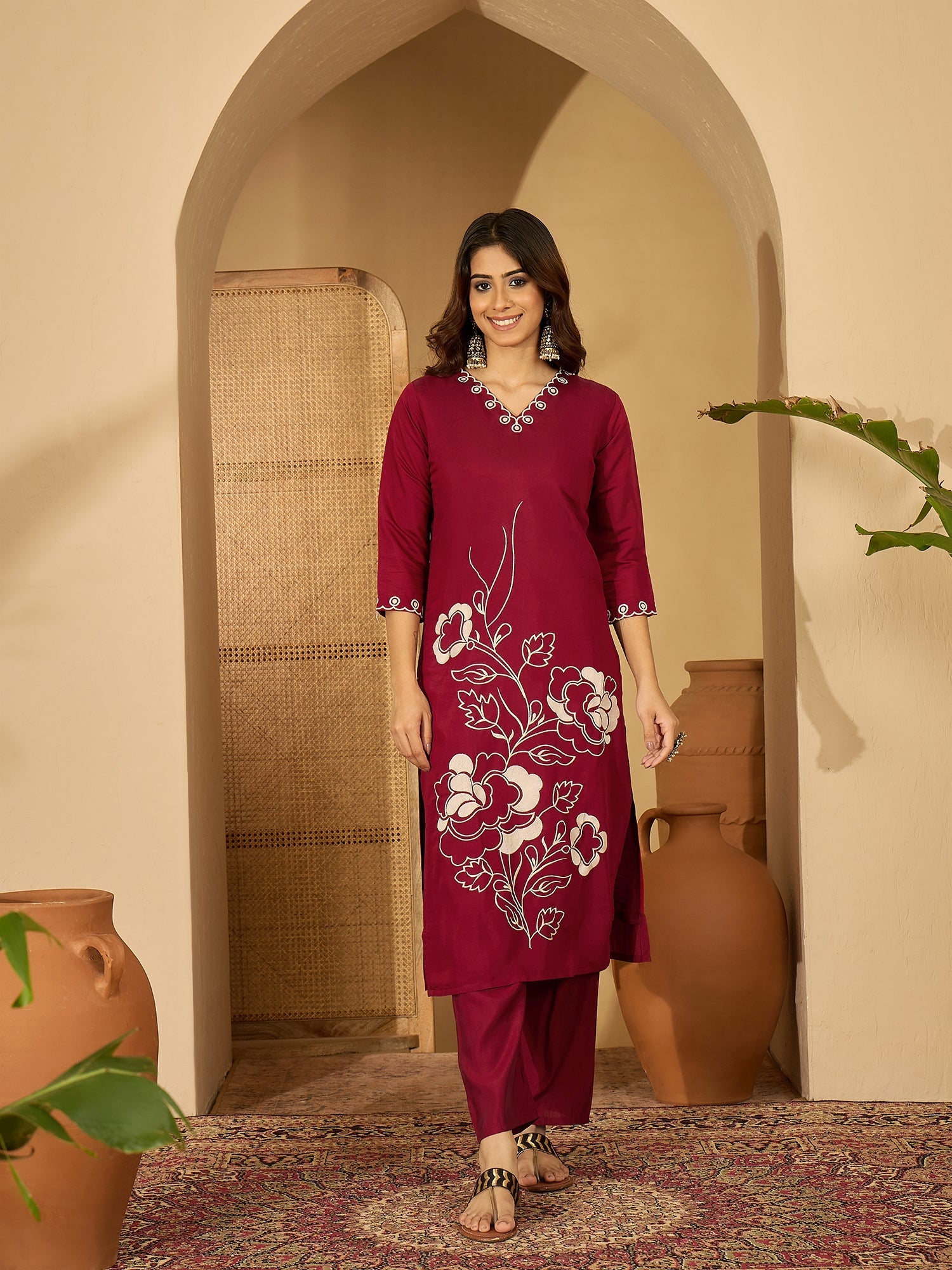 Joban Fashion Maroon Silk Embroidery Readymade Kurta Set
